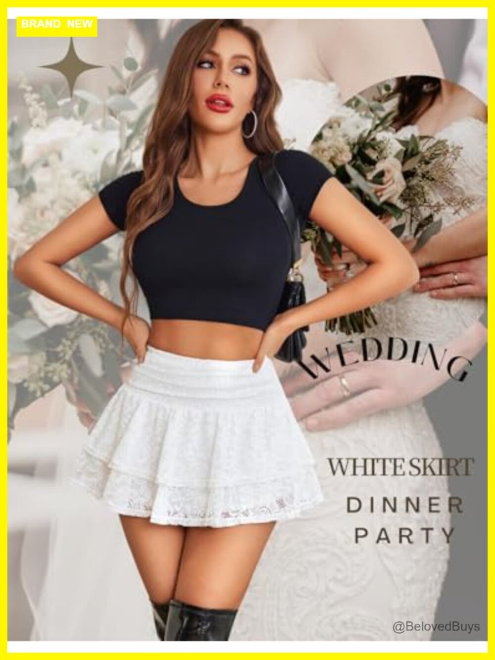 Mini Skirt Lace Ruffle High Waisted A-Line Flared Pleated - Picture 3 of 6